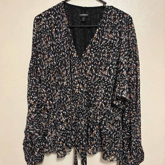 Express Tops - Express Large Black Wrap Blouse Metallic Animal Print Tie Waist